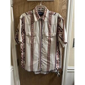 Vintage WRANGLER Western Aztec Pearl Snap Shirt Mens Sz L Cowboy White Red Blue